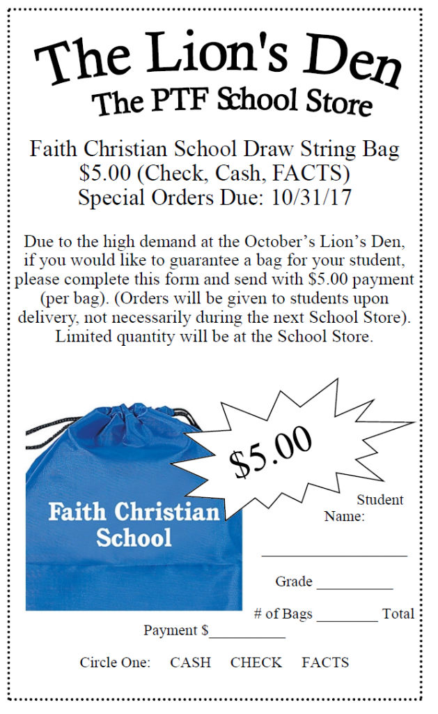 Faith Christian School Draw String Bag Order Form