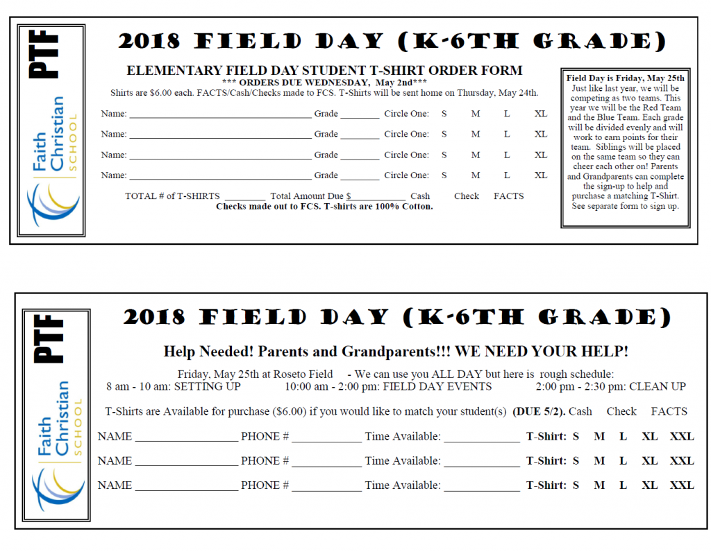 Field Day T-Shirt Order and Volunteer Forms