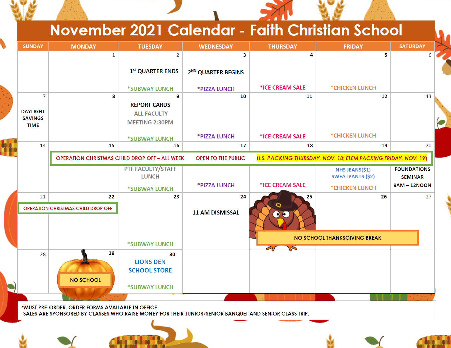 November 2021 Calendar Faith Christian School
