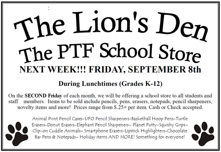 Lions Den School Store – Friday, September 8th
