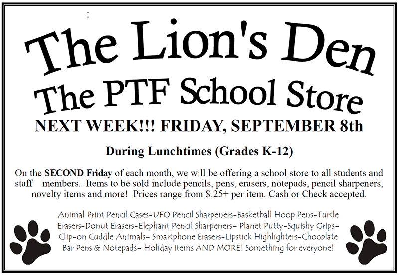 Lions Den School Store - Friday, September 8th