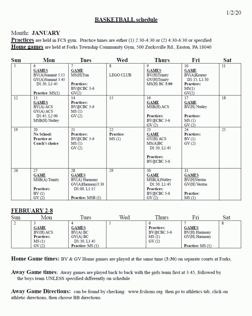 January Basketball Calendar