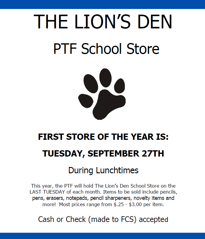 PTF School Store - Tuesday Sept 27th
