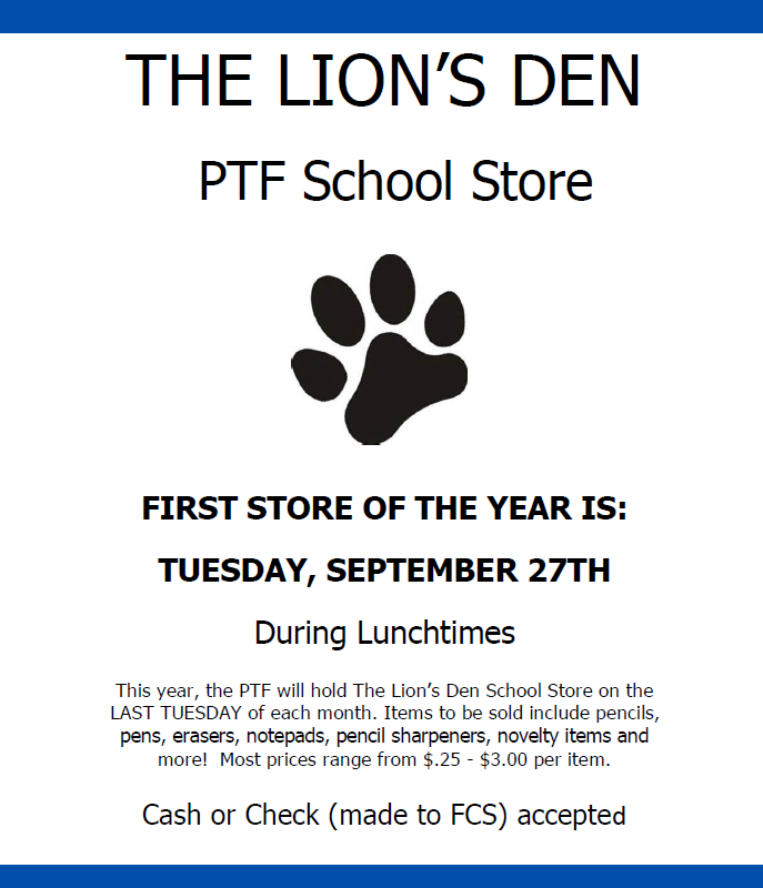 PTF School Store – Tuesday Sept 27th