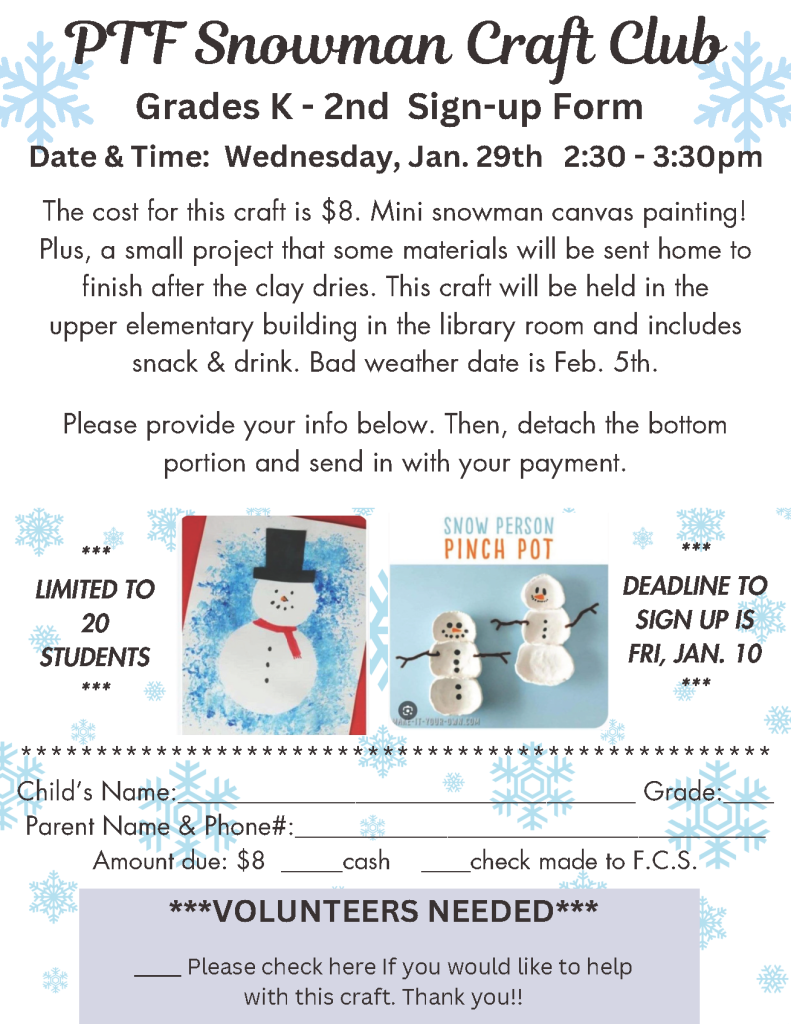 PTF Snowman Craft (Grades K-2)