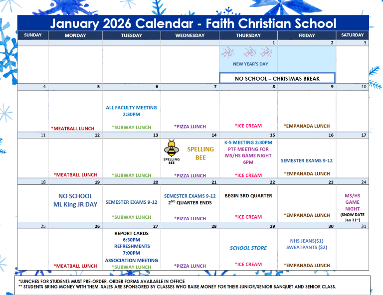 January 2026 Activities Calendar